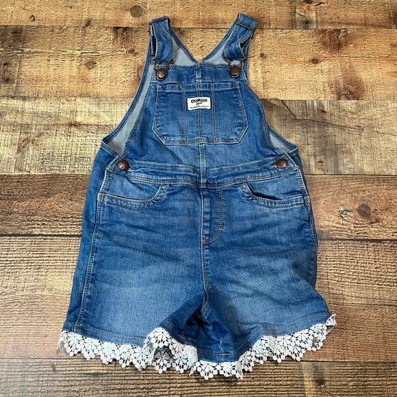 OshKosh B'gosh Girls Denim Shortalls Lace Trim Sz 5T - Picture 1 of 5